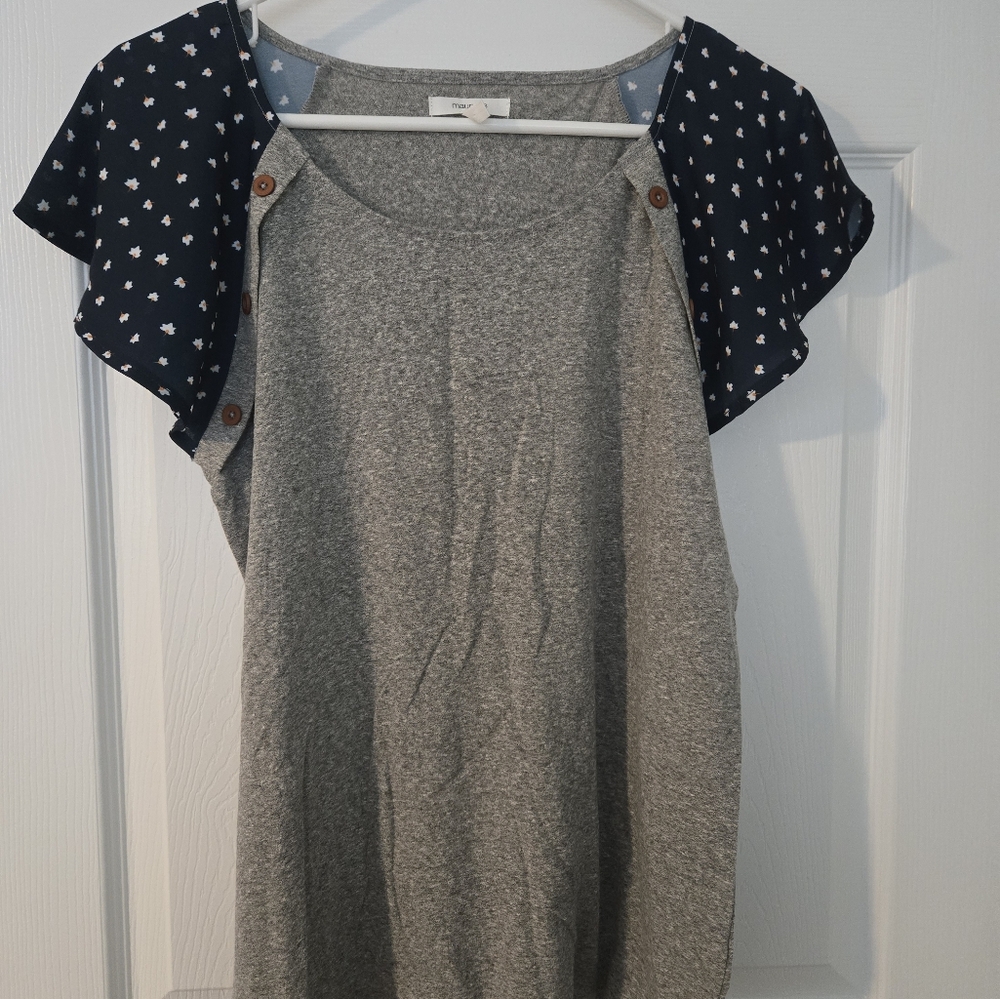 Gray Top with Navy Patterned Sleeves